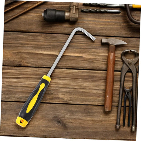 Multi Function Stainless Steel Roller Shutter Hook And Manhole Cover Lifter With Plush Rubber Grip on a tool bench.