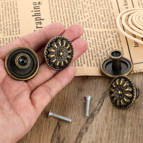 Eight Pack Antique Brass Drawer Knobs For Cabinets And Dressers, Vintage Solid Round Cabinet Knobs, Single Hole Hardware For Refinished Furniture, 1.18 Inch Diameter, Timeless Retro Charm shown with screws