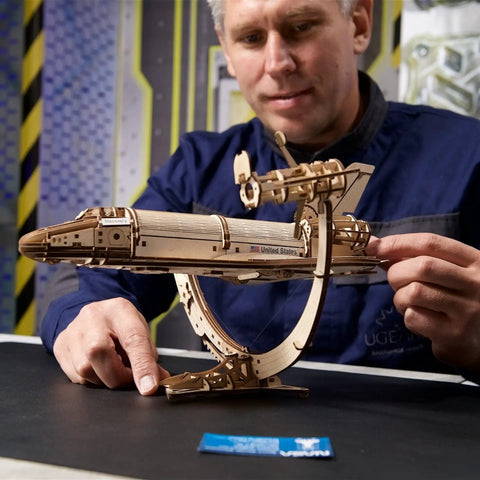 NASA Space Shuttle Discovery 3D Puzzle Kit Mechanical Model With Realistic Details Hands On Build For Adults And Kids Fun Educational Space Toy For STEM Fans Eight Point Nine Inch Tall When Assembled, wooden stand