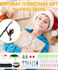 Young boy in Santa hat holding gift box with All In One Kids Fishing Pole Set With Telescopic Rod And Spincast Reel, tackle kit shown.