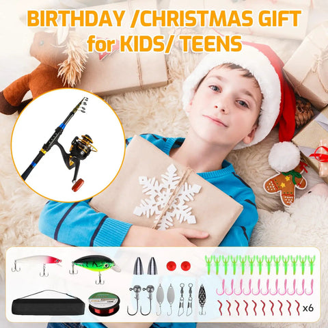 Young boy in Santa hat holding gift box with All In One Kids Fishing Pole Set With Telescopic Rod And Spincast Reel, tackle kit shown.