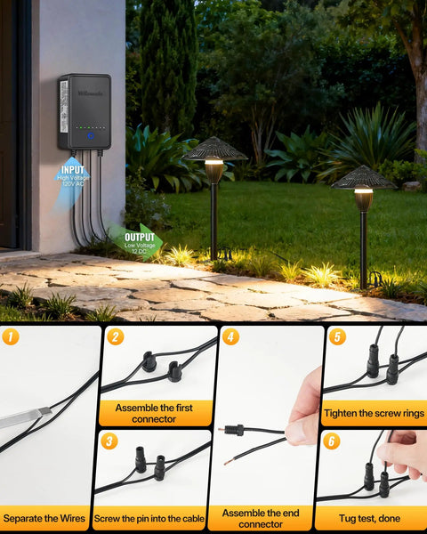 All In One LED Low Voltage Landscape Lighting Kit With Eight Pathway Lights And Transformer One Hundred Foot Wire And Connectors 3000K Waterproof Yard Garden Walkway Lighting For No Fuss Easy DIY Setup installation steps and manual