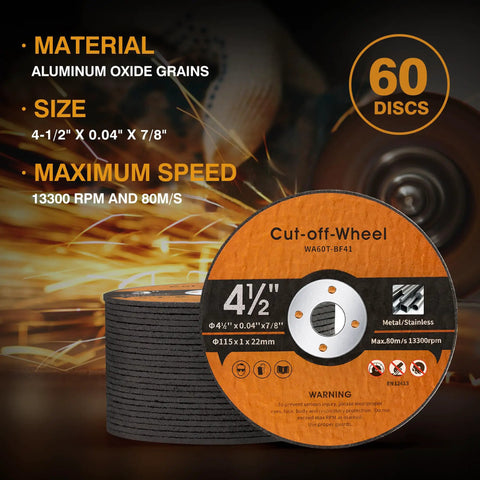 60 Pack 4.5 Inch Cut Off Wheels For Metal Stainless Steel And PVC Tube 0.040 Inch Thick Seven Eighths Inch Arbor Aggressive Cut Off Disc