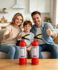 Family smiling with two Six Pack Of Tough As Nails 2 Point 5 Lb Abc Dry Powder Fire Extinguishers With Snappy Quick Release Handles.