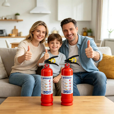 Family smiling with two Six Pack Of Tough As Nails 2 Point 5 Lb Abc Dry Powder Fire Extinguishers With Snappy Quick Release Handles.