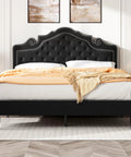 Queen Bed Frame With Fly Velvet Upholstery, Adjustable Diamond Tufted Headboard, Heavy Duty Steel Accents, Solid Wood Slat Base, Skip The Box Spring, Fast Fix Assembly, Sleek Matte Black in a cozy bedroom setting with a soft blanket.