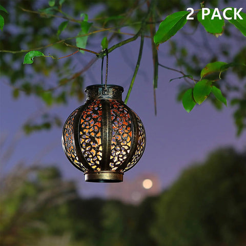 Two Pack Hanging Solar Lanterns Outdoor Copper Finish Vintage Style Solar Powered Lights for Yard Decor Waterproof