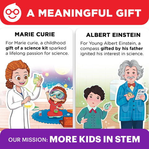 Illustration of Marie Curie and Albert Einstein as children with science kits and gifts.