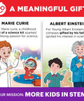 Illustration of Marie Curie and Albert Einstein with text about their childhood science inspirations.
