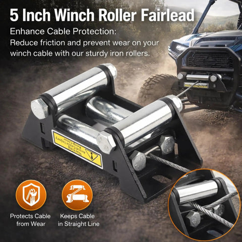 5 Inch Winch Roller Fairlead for Side by Side with 4 Way Heavy Duty Universal Mount and 125mm Hole Distance Fits 4500 Lbs Winches
