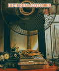 Vintage electric fan with grille, flowers, and text 'Electric Fan Accessories' in floral-themed rustic setting.