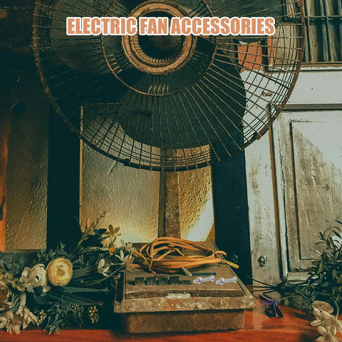 Vintage electric fan with grille, flowers, and text 'Electric Fan Accessories' in floral-themed rustic setting.