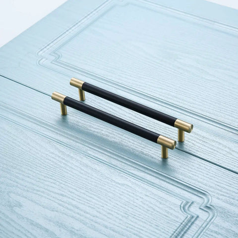 Slick Bar Cabinet Handle Pull Dope 6 Inch T Bar Solid Copper With Brushed Satin Gold Brass Finish And Electroplated Matte Black