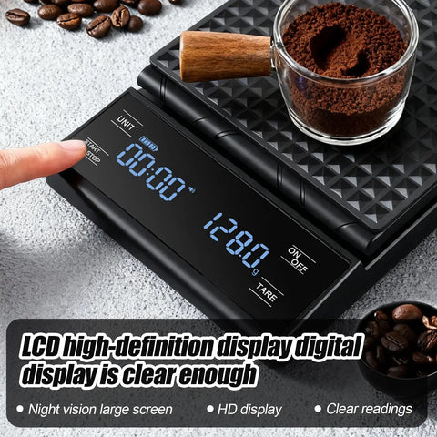 Rechargeable Coffee Scale With Timer For Pour Over And Espresso, Barista Grade, showing digital LCD display and timer.