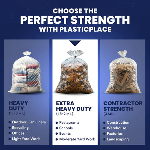 Ultra Tough 55 To 60 Gallon Trash Bags 1.5 Mil Clear Liners 38 By 58 Inches shown as heavy-duty bag option in chart