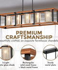 Lit Farmhouse Dining Room Chandelier Over Table For Kitchen Island Lighting Rectangle Rustic Modern Light Fixture with matte glass shades and wood frame