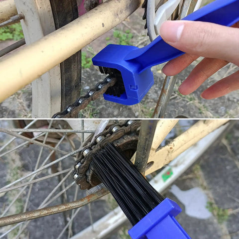 Bike And Motorcycle Chain Cleaning Tool Set 5 Piece Kit Pro Grade With Sprocket Scraper Sprocket Brush shown cleaning bike chain