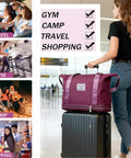 Side view of AdashinHoo purple expandable duffel bag atop a black wheeled carry-on suitcase at the airport.