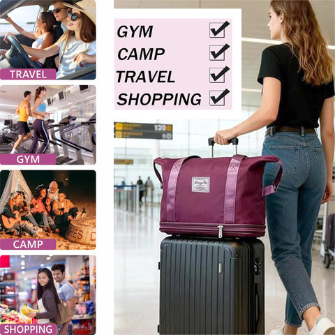 Side view of AdashinHoo purple expandable duffel bag atop a black wheeled carry-on suitcase at the airport.