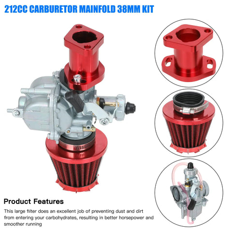 VM22 Carburetor Kit Replacement for Predator 212cc 196cc 224cc engines and parts, featuring red manifold and air filter.