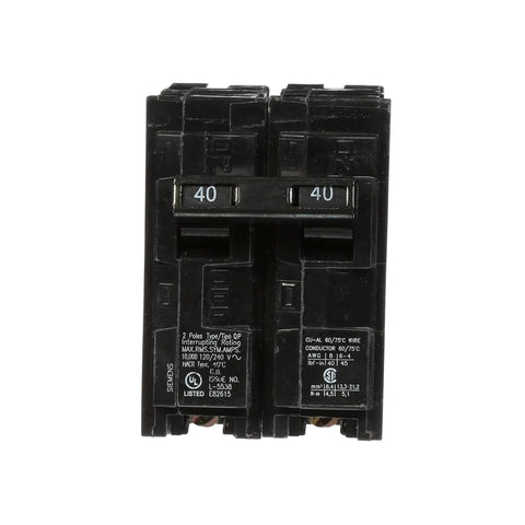 Front view of 40 Amp Double Pole Type QP Circuit Breaker 240V With 10000 AIC Insta Wire Quick Connect Easy Plug In Connections.