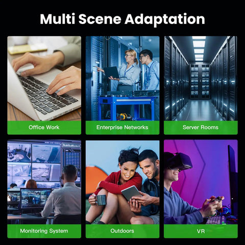 Multi scene adaptation uses for Cat 6 Ethernet Cable 100 Ft Outdoor Indoor 23AWG 10Gbps, including office, server, VR, and more.
