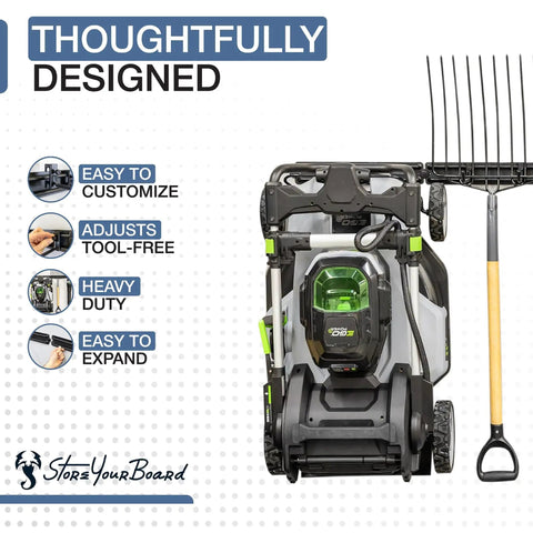 Beefy Heavy Duty Garage Tool Organizer Wall Mount with lawn mower and rake displayed, designed for easy tool-free adjustment.