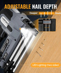 Close-up of A Total Game Changer 20V Cordless Brad Nailer showing adjustable nail depth and LED lighting features.