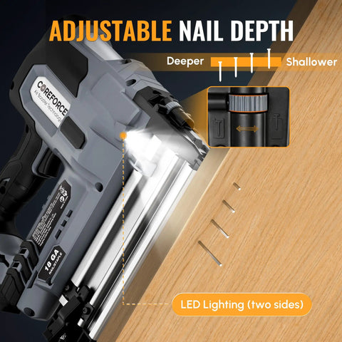 Close-up of A Total Game Changer 20V Cordless Brad Nailer showing adjustable nail depth and LED lighting features.