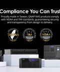 8 Bay Rackmount Nas Powerhouse Featuring Amd Ryzen Embedded V1500b Processor For Rock Solid Multitasking And Blazing Fast Cross Device File Sharing With Dual 2 5 Gbe Networking And Pcie Slots displayed with compliance badges and proud Taiwanese manufacturing.