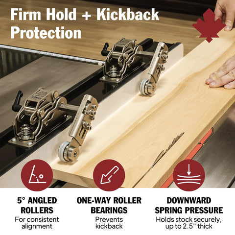 Stainless Steel Table Saw Stock Guides And Anti Kickback Rollers Drop These Sweet Upgrades On Your Saw To Tame Wild Kickback They Run Smooth As Butter And Lock Tight For Dead Straight Cuts Pure Workshop Gold, showing angled rollers and wood feed.