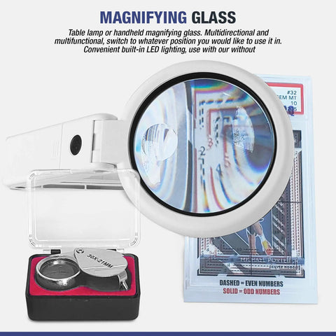 Premium Pro Grade LED Magnifying Glass And Centering Tool over sports card with loupe in case