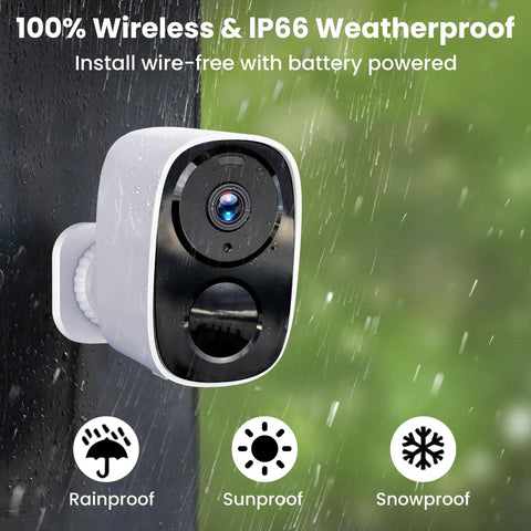 2K Ultra HD Outdoor Wireless Security Camera with AI Motion Spotlight mounted, weatherproof, IP66 rating, white color.