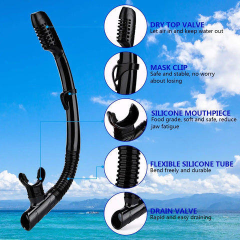 Dry Snorkel With Top Dry Valve For Splash Proof Breathing While Snorkeling Or Scuba Diving Food Grade Silicone Mouthpiece