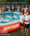 Two kids with remotes controlling 2 Pack Remote Control Sailboats For Kids 2.4GHz RC Boats With LED Lights in inflatable pool