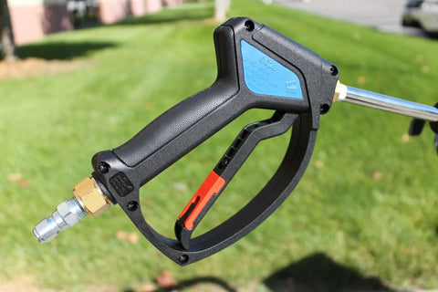 Side view of SG28 Spray Gun With Easy Hold Tech for Pressure Washers, showing ergonomic trigger and shockproof ribbed body.