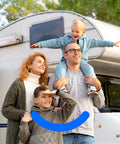 Family enjoying outdoor camping near RV, representing Road Tripping RV Inline Water Filter For Garden Hose And Camper Sweet Crisp Drinking Purification No Nonsense Multi Stage Filtration System Tailgate Essentials.