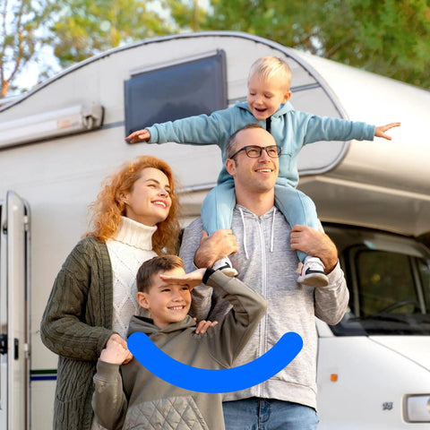 Family enjoying outdoor camping near RV, representing Road Tripping RV Inline Water Filter For Garden Hose And Camper Sweet Crisp Drinking Purification No Nonsense Multi Stage Filtration System Tailgate Essentials.