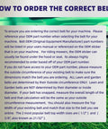 Instruction manual on ordering the correct lawn mower belt with text explanation and green mower background