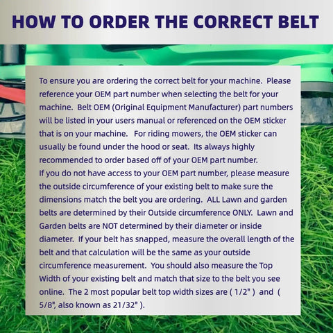 Instruction manual on ordering the correct lawn mower belt with text explanation and green mower background