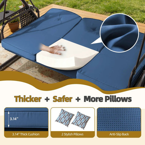 Three Seat Outdoor Porch Swing With Adjustable Canopy And Backrest A 3 In 1 Convertible Swing Bed With Cushions And Cup Holders For Yard Deck And Garden Blue showing thick cushion detail.