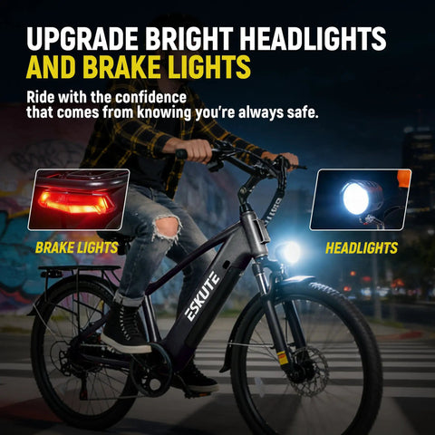 Rider using Powerful 1300W Peak Ebike With 840Wh Removable Battery 70 Mile Range 28 MPH Top Speed Dope Electric Bicycle For Adults at night with upgraded headlights and brake lights.