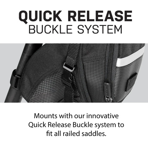 Close-up of Aero Wedge Pack With Strap Mount For Bike Seat Post showing the quick release buckle and durable 1200D polyester material.