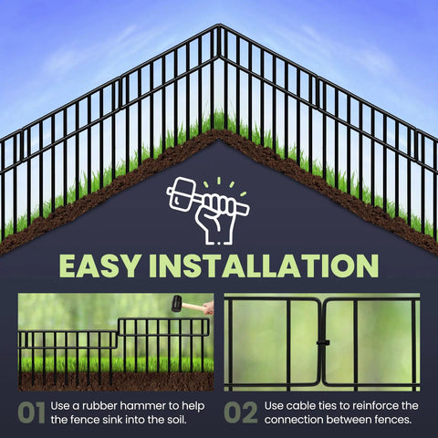 Installation guide for 14 Pack No Dig Fence Panels 19.5 Feet Long And 13 Inch High Animal Barrier highlighting setup steps.