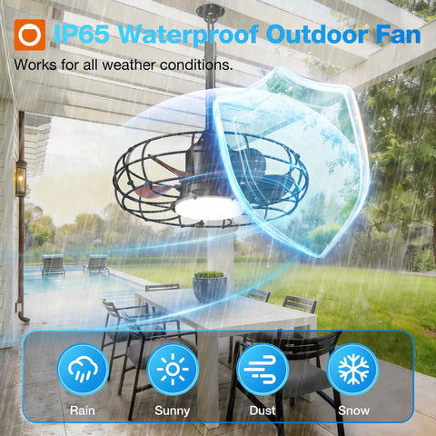 20 Inch Outdoor Ceiling Fan With Light For Patio IP65 Waterproof Plug In Caged Hanging Fan With Remote in rainy gazebo setting