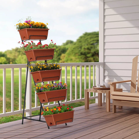 Outdoor space with Five Tier Vertical Garden Bed For Small Spaces Raised Planter Stand With Tiered Flower And Herb Boxes Outdoor Brick Red Color No Fuss Easy Setup Space Saving Tall Garden Kit For Herbs Strawberries Carrots And More