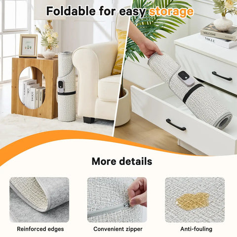 Under Desk Heater For Home Or Office Quiet Portable Space Warmer, rolled and stored in a drawer, showing reinforced edges and zipper
