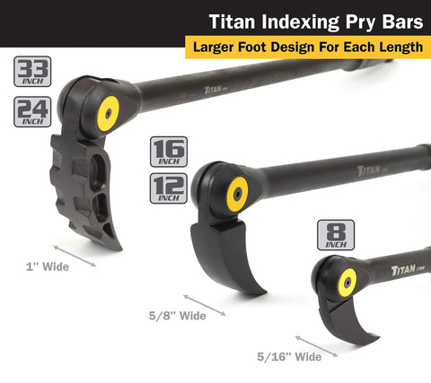 Close-up of Titan Indexing Pry Bars with various lengths, displaying rotating heads, including Beefy Indexable Pry Bar 33 Inch