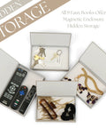 Nine Faux Books With Hidden Storage Set For Modern Shelves And Coffee Tables showing hidden compartments with keys, remotes, jewelry.