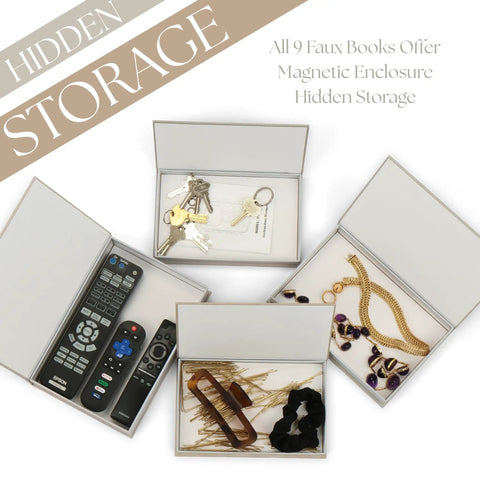 Nine Faux Books With Hidden Storage Set For Modern Shelves And Coffee Tables showing hidden compartments with keys, remotes, jewelry.